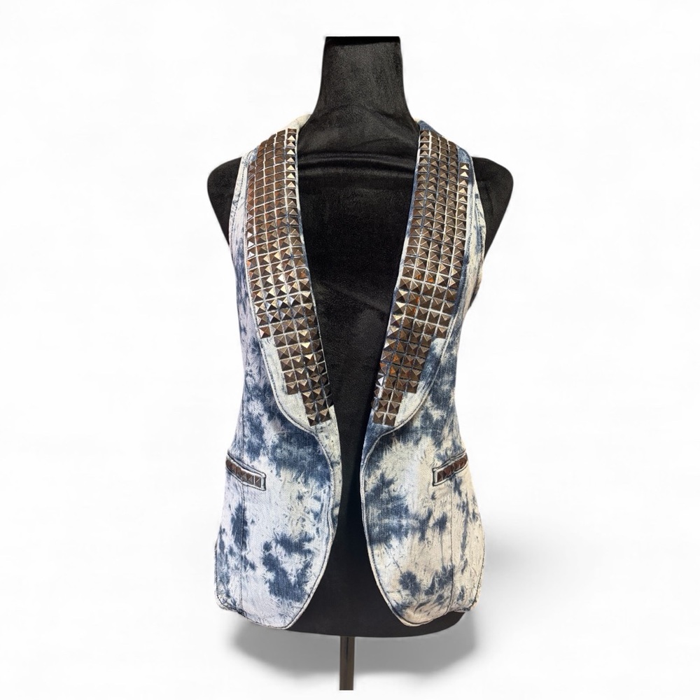 See you Monday, Studded Denim Vest, Sleeveless Tie-Dye Denim Vest, Small - Picture 2 of 12